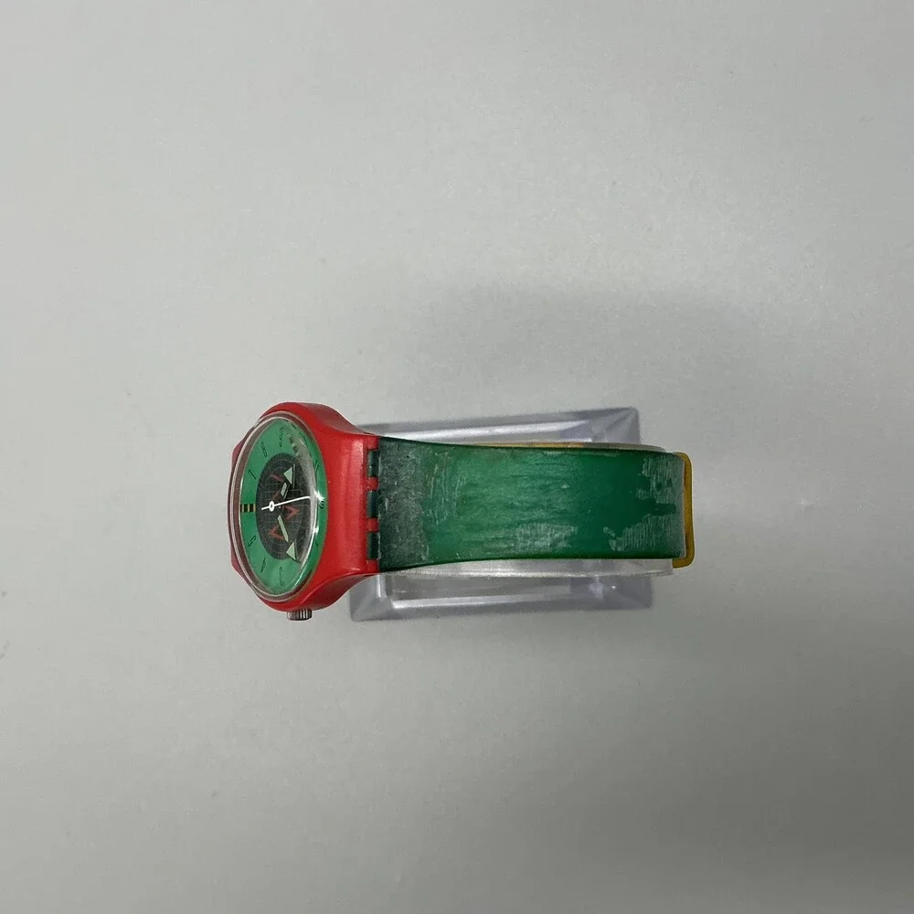 Vintage Swatch Radar Womens Watch 25mm Green Dial Red Swiss New Battery